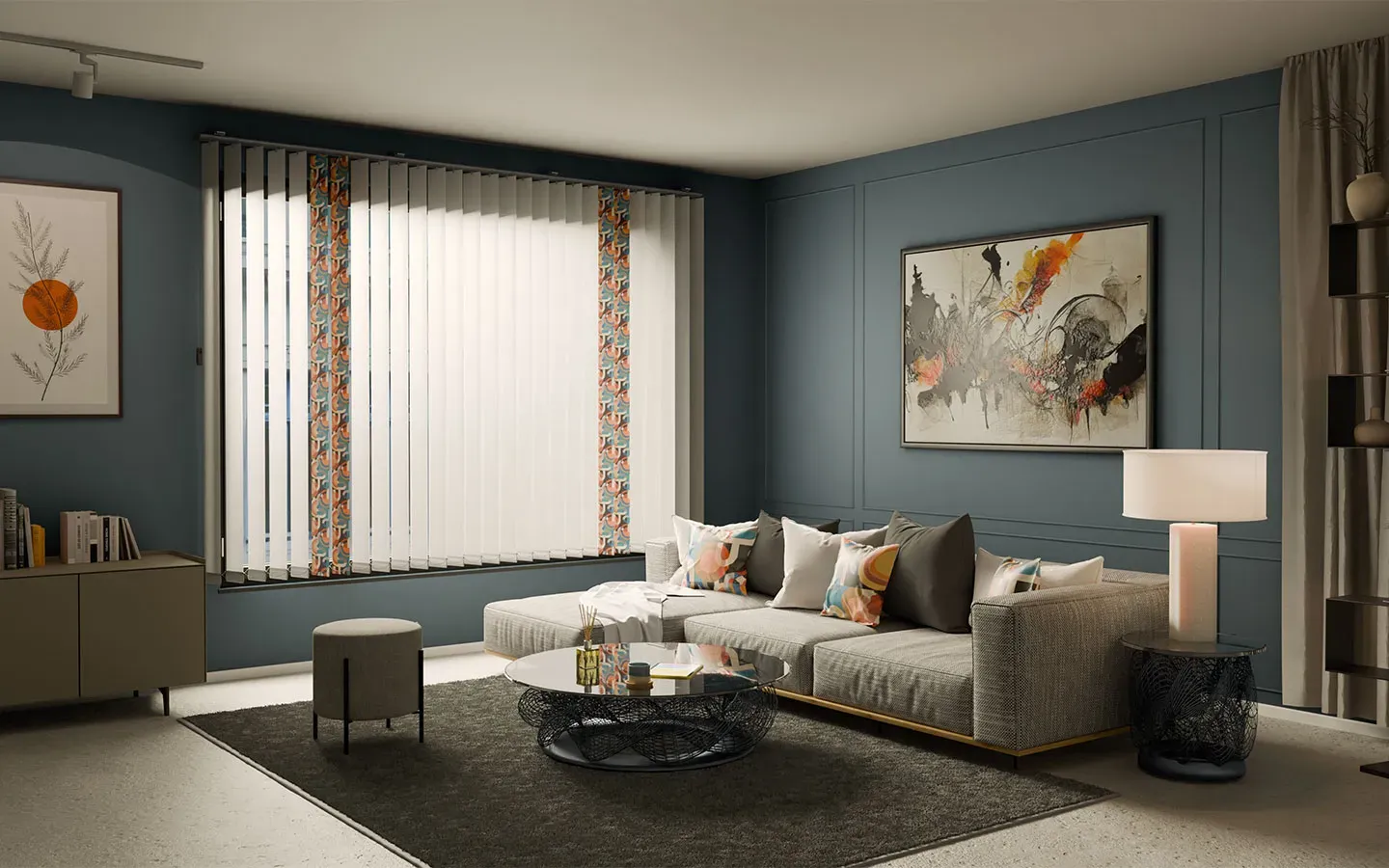 Wohnzimmer mit Lammelenvorhang designed von APELT