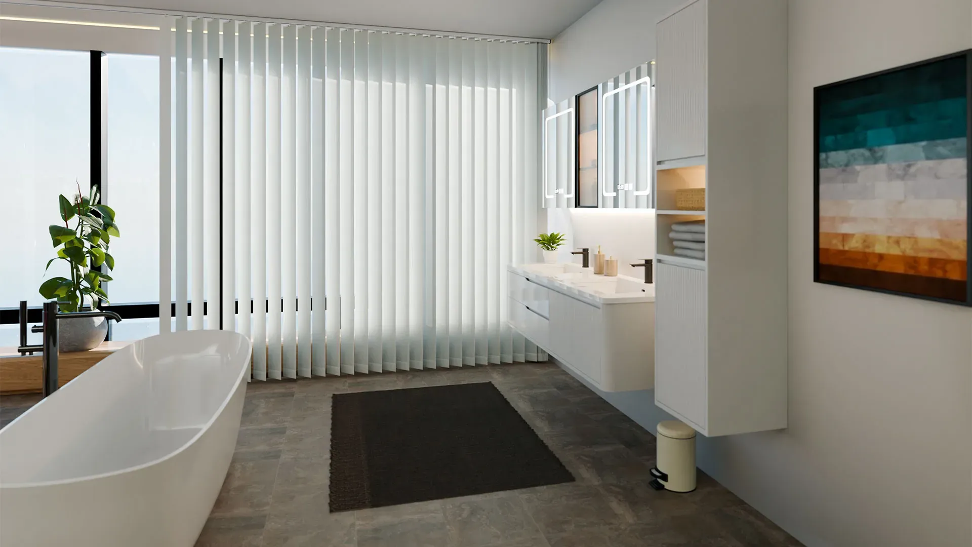 Badezimmer mit weißem Lamellenvorhang