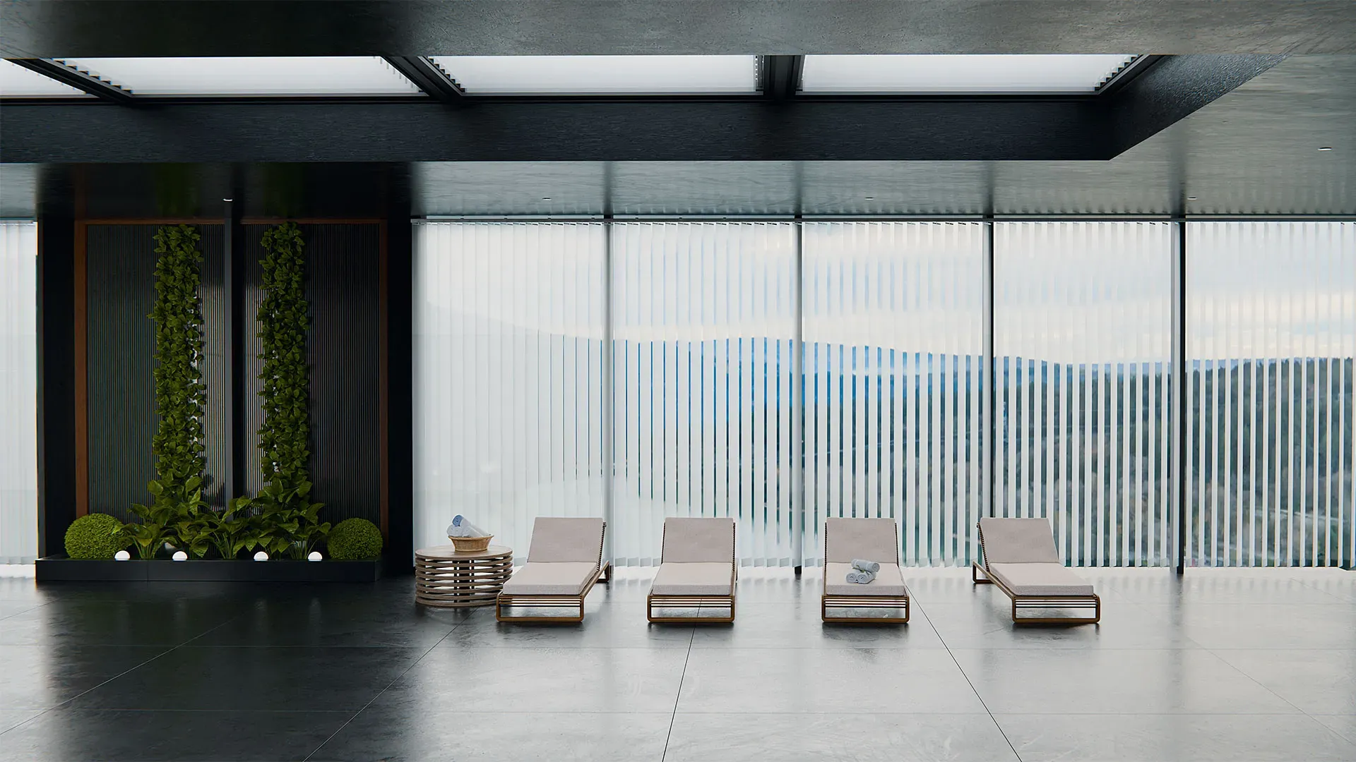 Spabereich mit hellen Lamellenvorhängen von Teba