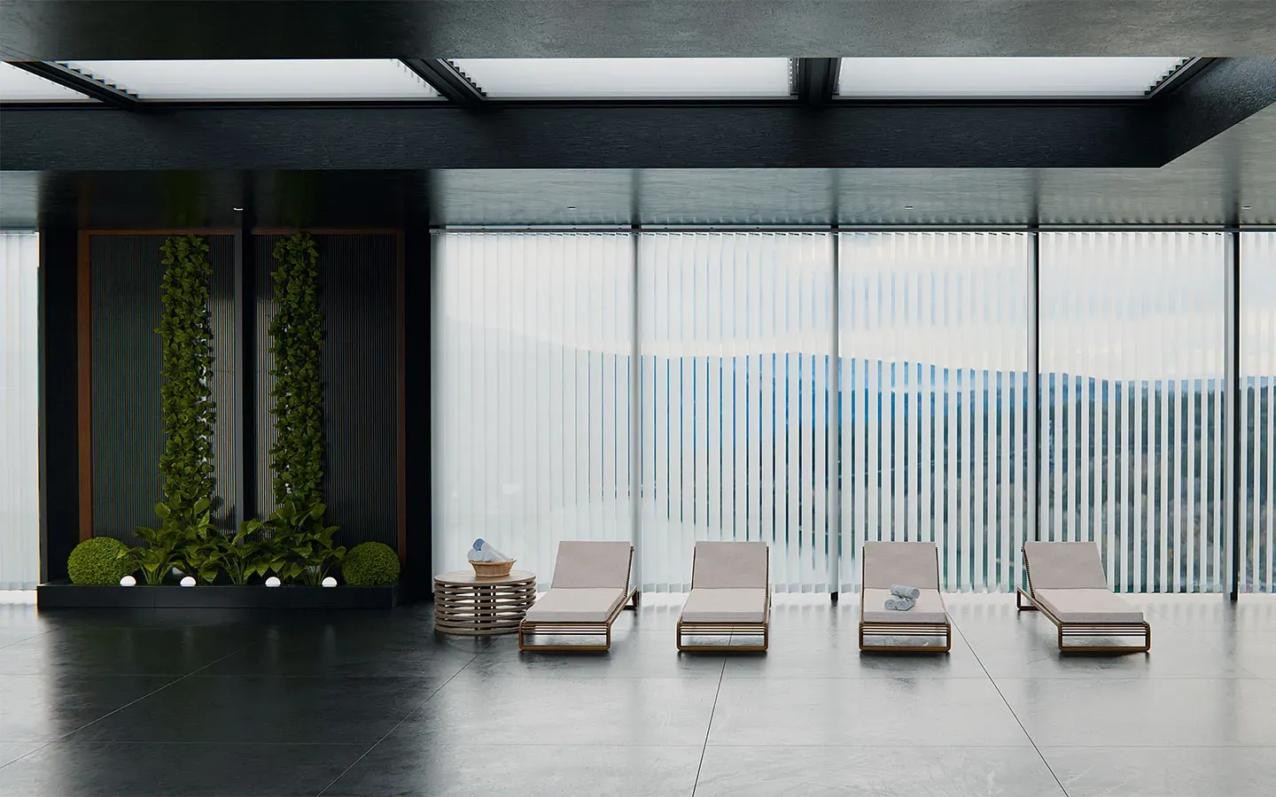 Spabereich mit hellen Lamellenvorhängen von Teba