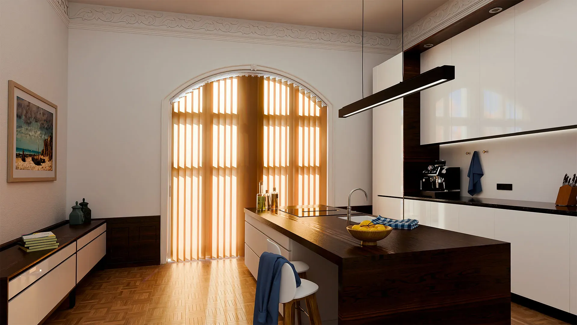 Küche mit Lamellenvorhang in Sonderform