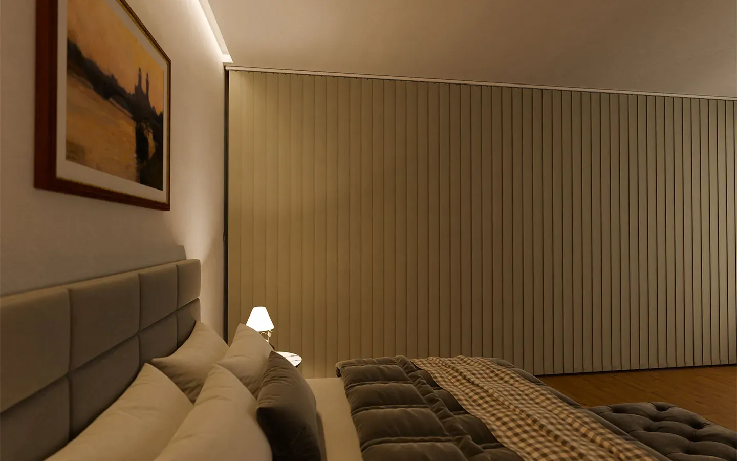 Teba-Lamellenvorhang mit hochwertiger Ausstattung im Schlafzimmer