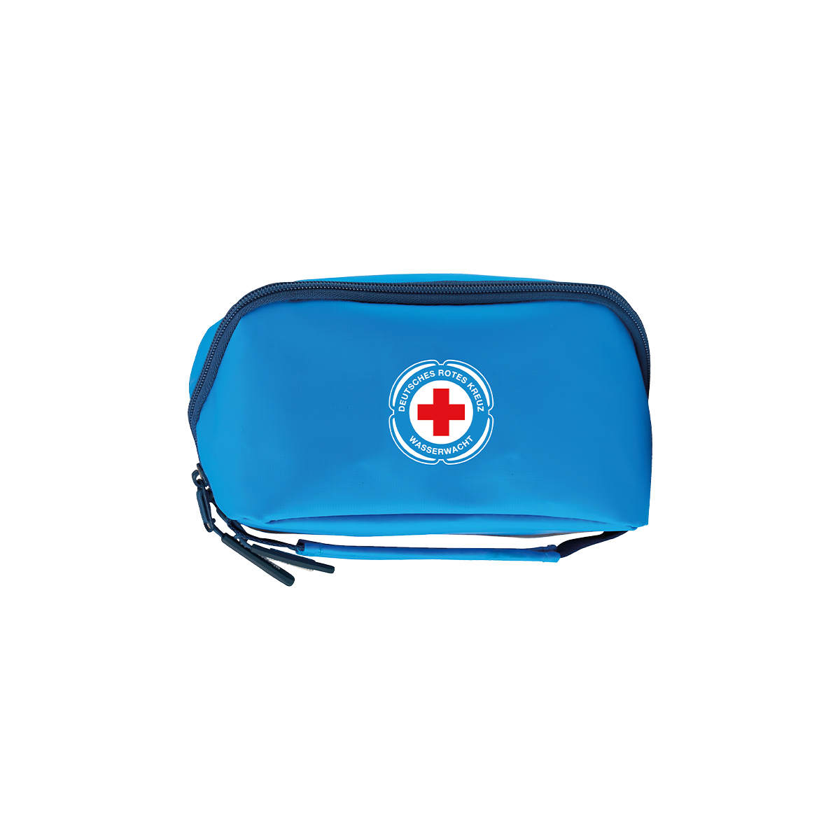 Hellblaue Kulturtasche mit dunkelblauem Reißverschluss und DRK-Wasserwachtlogo in Vorderansicht