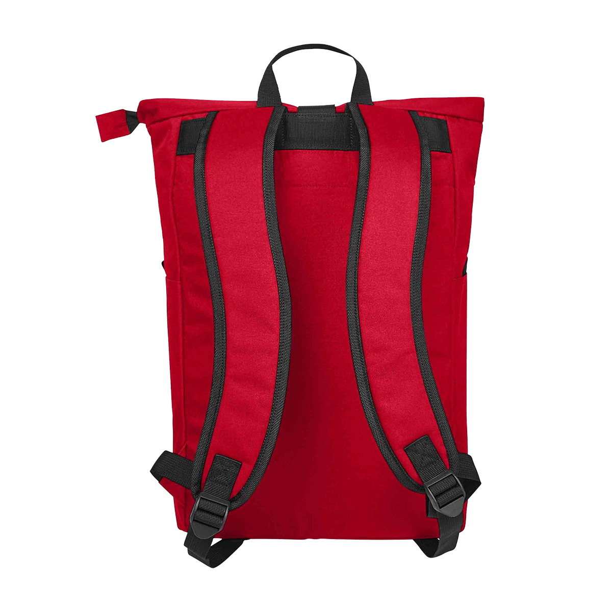 Roter Rucksack Rückansicht mit DRK-Rundlogo mit schwarzen Detailsk