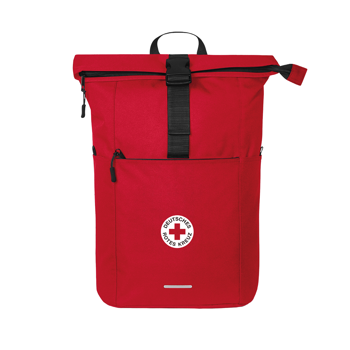 Roter Rucksack mit DRK-Rundlogo mit schwarzen Details