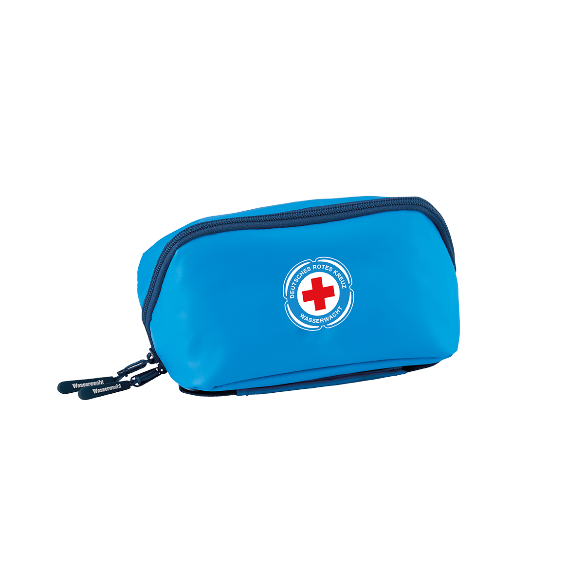 Blaue Kulturtasche mit dunkelblauem Reißverschluss und DRK-Wasserwachtlogo in leicht Vorderansicht